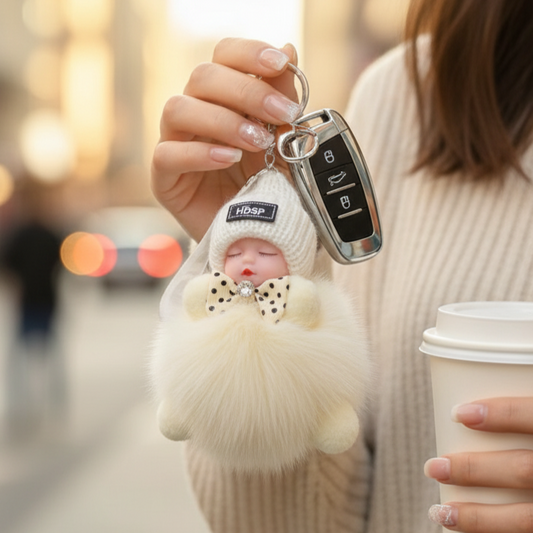 Fur Baby Doll Keychain | Real Fox Fur Pom Pom Key Ring with Cute Sleeping Doll | Fluffy Bag Charm Gift for Women & Couples