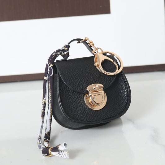 Saddle Bag Mini Purse Keychain | PU Leather Coin Purse with Scarf Accent | Cute Handbag Charm for Women & Girls