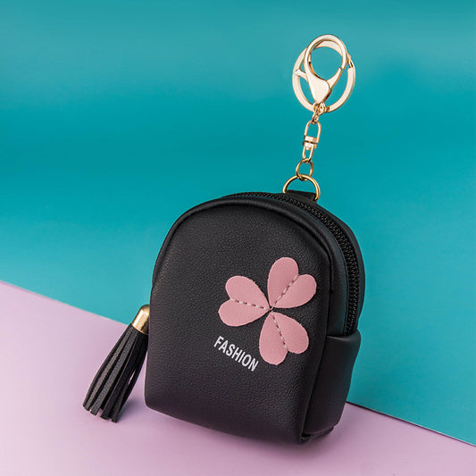 Clover Mini Backpack Keychain | PU Leather Coin Purse & Earbud Case | Cute Bag Charm with Tassel