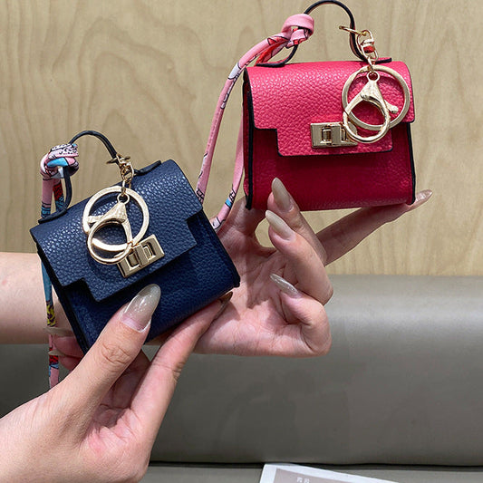 Kelly Mini Bag Keychain | PU Leather Purse Charm with Scarf Accent | Small Coin Purse & Earbud Case for Women