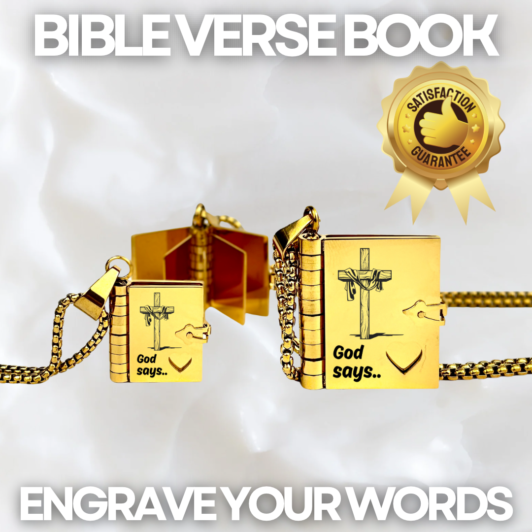 Bible Verse Book Necklace, Custom Engraved Stainless Steel Pendant, Christian Jewelry
