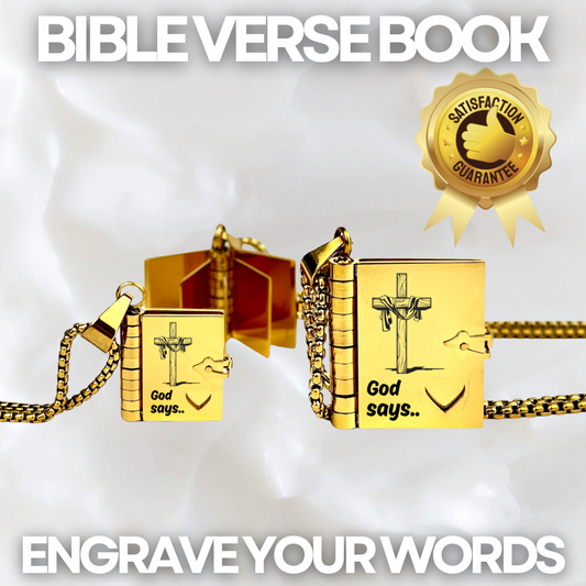 Bible Verse Book Necklace, Custom Engraved Stainless Steel Pendant, Christian Jewelry